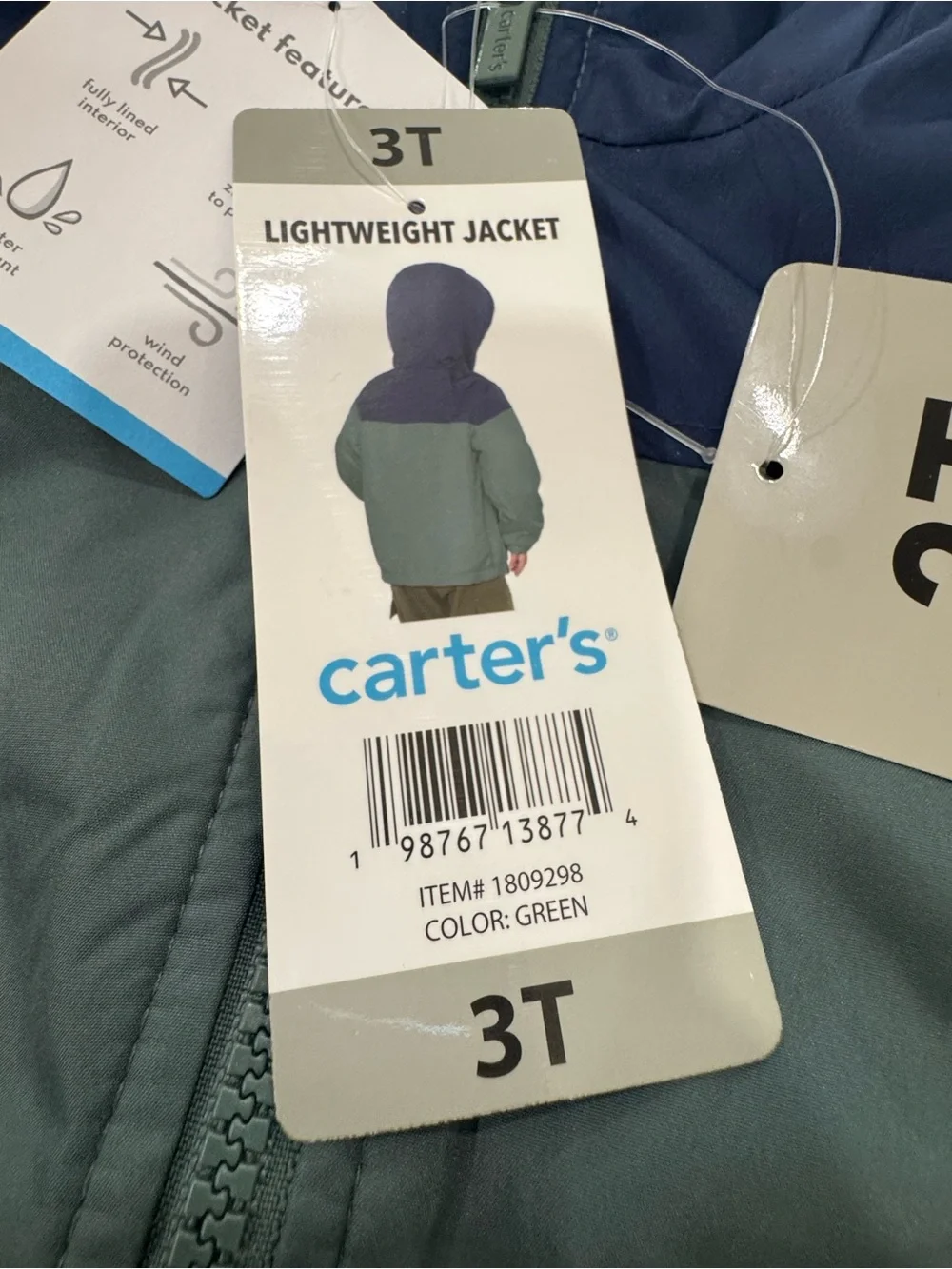 NWT Carters Toddler Boy 3T Lightweight Hooded Jacket Colorblock Green Navy Coat